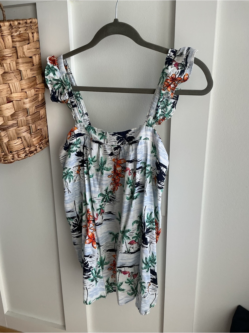 Old Navy White Tropical Floral Dress with Coral & Green Print